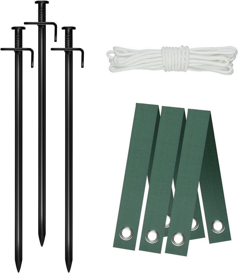 FCENDS Heavy Duty Steel Tree Stake Kits,Tree Staking and Supports Kits for Young Trees Against Bad Weather, Include 3 PCS Tree Straps for Staking, 3 PCS 11.8 Inch Tree Stakes and 31.2 Feet Rope for Anchoring - Image 1